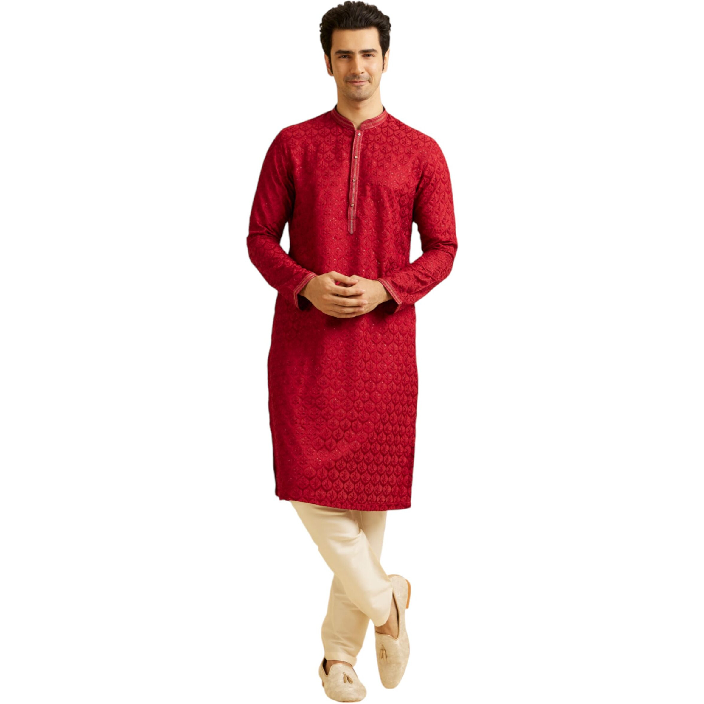Manyavar Men's Art Silk Embroidered Zari Kurta Pyjama Set (Red,L)