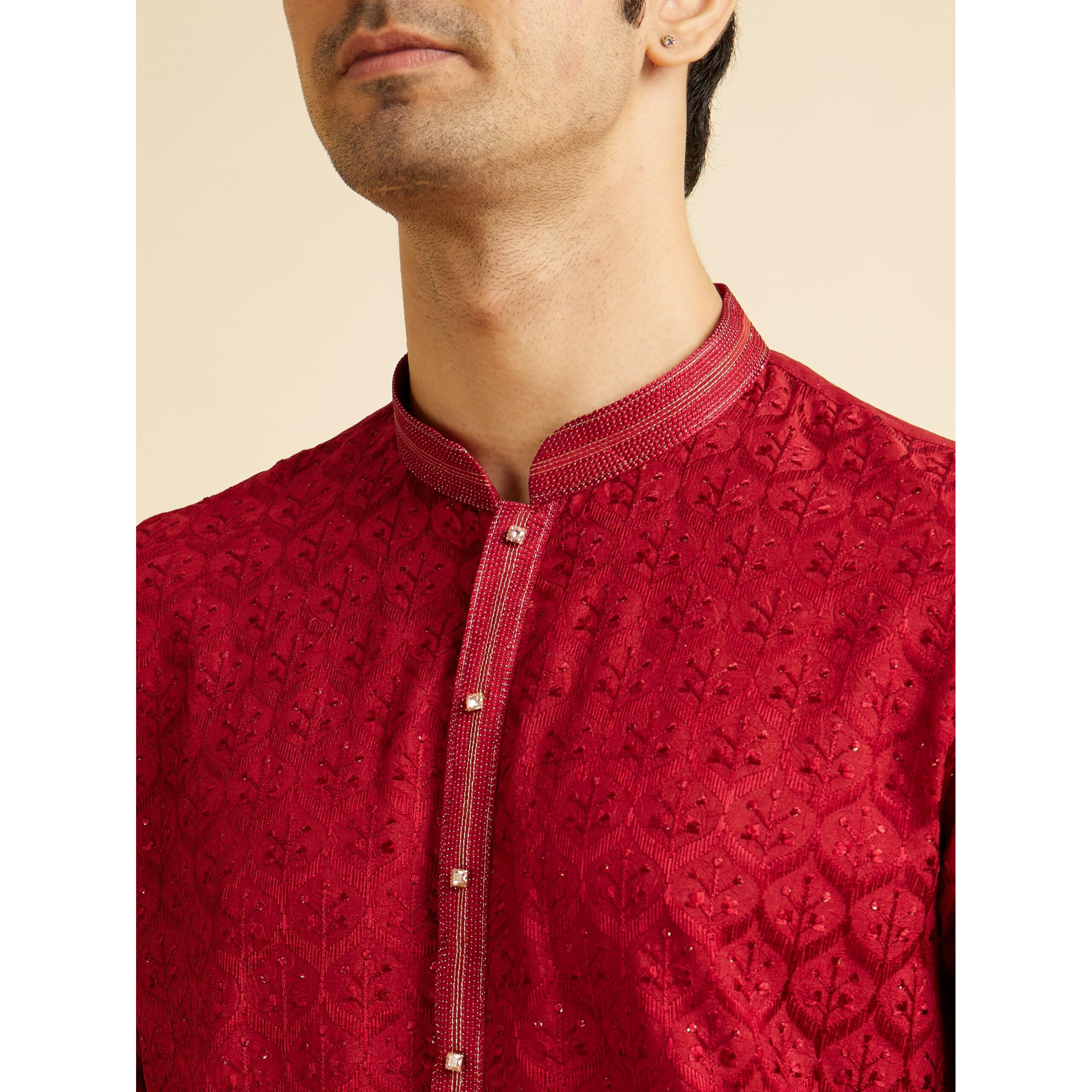 Manyavar Men's Art Silk Embroidered Zari Kurta Pyjama Set (Red,L)