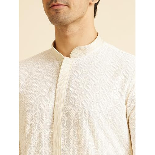Manyavar Men's Georgette Embroidered Zari Kurta Pyjama Set (Cream,Xl)