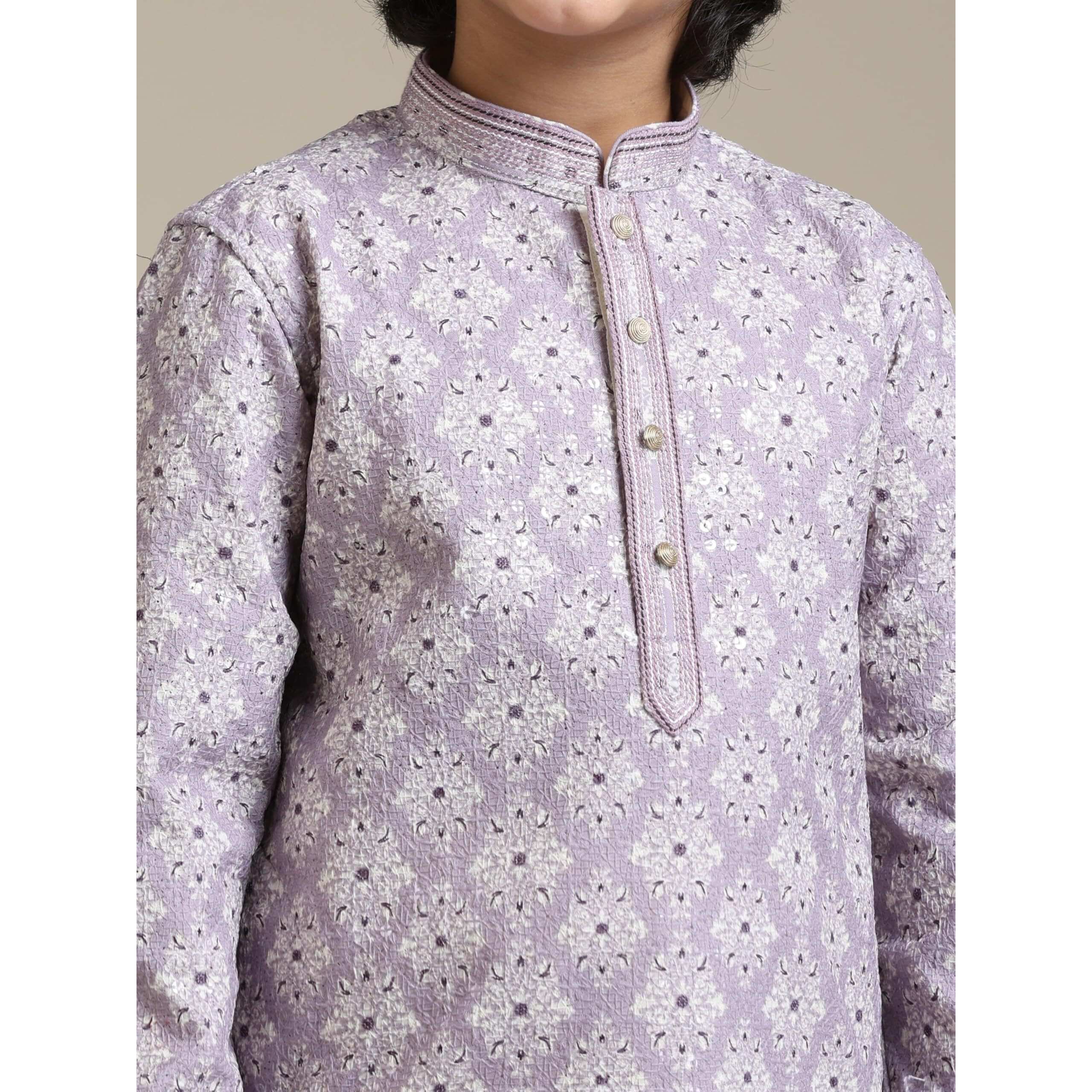 Manyavar Boys Cotton Blend Printed Chikankari Kurta Pyjama Set (2Pcs)(4-5 Years)