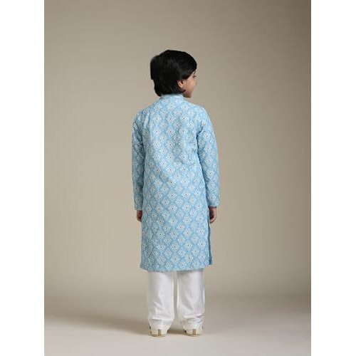 Manyavar Boys Cotton Blend Printed Chikankari Kurta Pyjama Set (2Pcs)(10-12 Years)