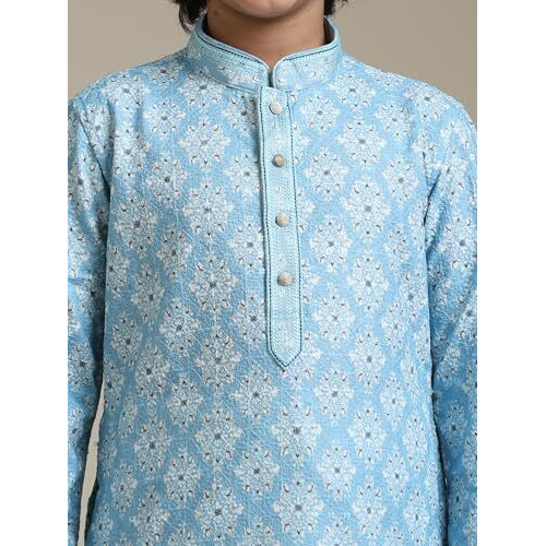 Manyavar Boys Cotton Blend Printed Chikankari Kurta Pyjama Set (2Pcs)(10-12 Years)