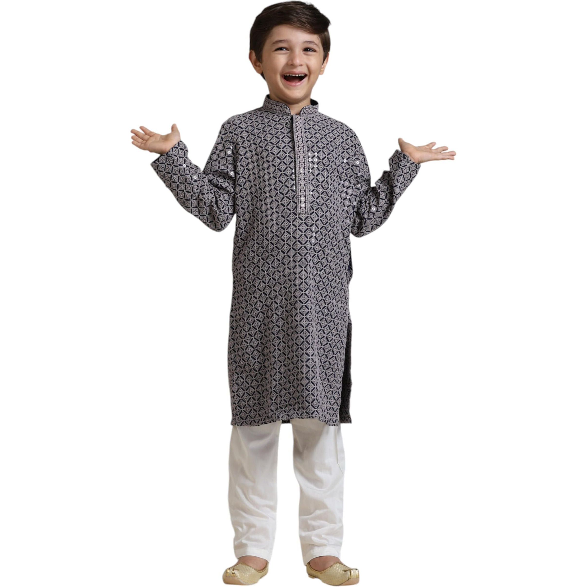 Manyavar Boys Viscose Chikankari Sequined Kurta Pyjama Set (2Pcs)(8-10 Years)