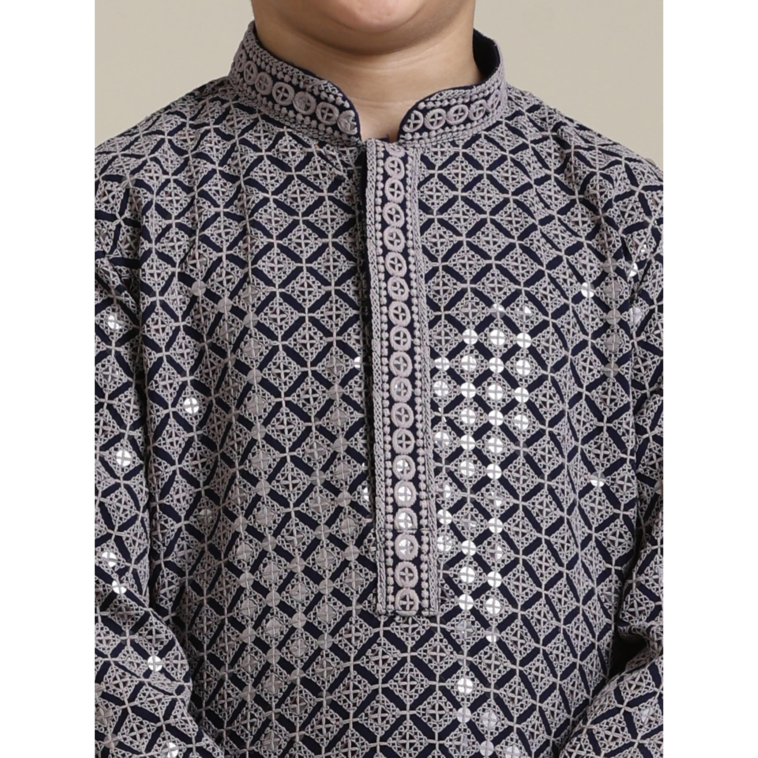 Manyavar Boys Viscose Chikankari Sequined Kurta Pyjama Set (2Pcs)(8-10 Years)
