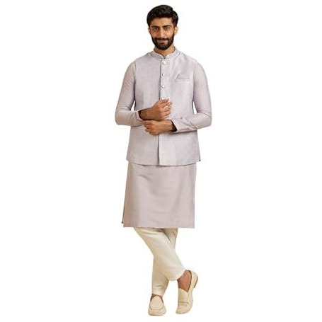 Manyavar Men's Brocade Shimmery Self-Design Regular Kurta Jacket Set (Purple,2Xl)