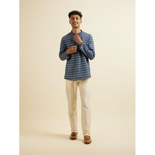 Manyavar Men's Cotton Blend Digital Print Short Kurta (Blue,M)