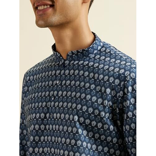Manyavar Men's Cotton Blend Digital Print Short Kurta (Blue,M)