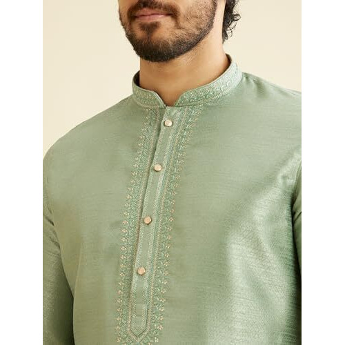 Manyavar Men's Art Silk Embroidered Kurta Churidar Set (Green,Xl)