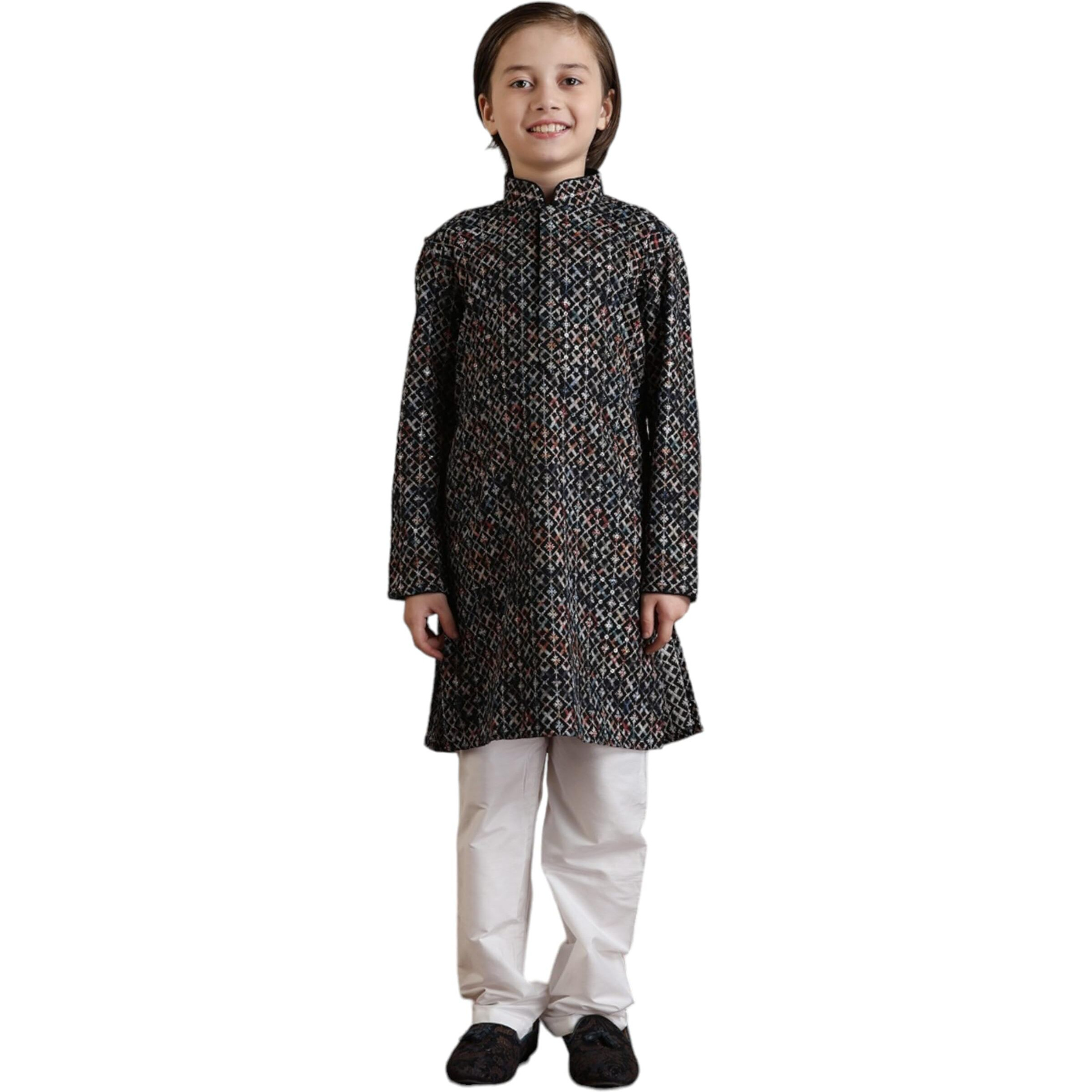 Manyavar Viscose Print|Chikankari Kurta Pyjama Set For Child(10-12 Years)