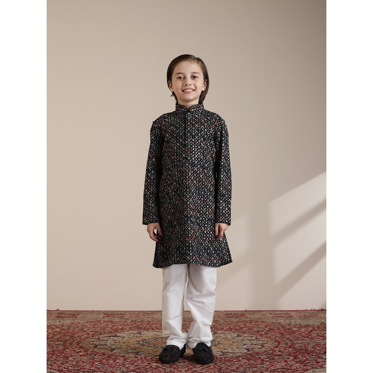 Manyavar Viscose Print|Chikankari Kurta Pyjama Set For Child(10-12 Years)