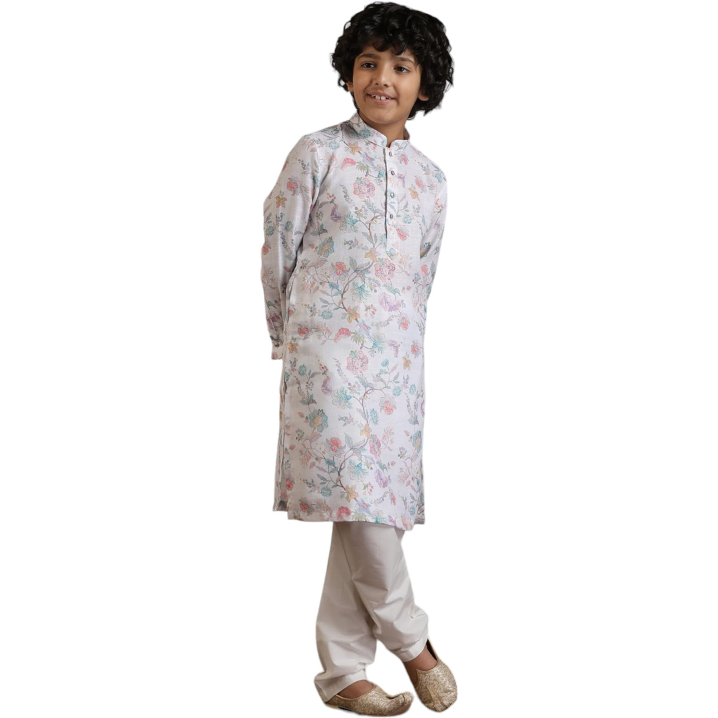 Manyavar Blended Cotton Digital Print Kurta Pyjama Set For Child(6-8 Years)
