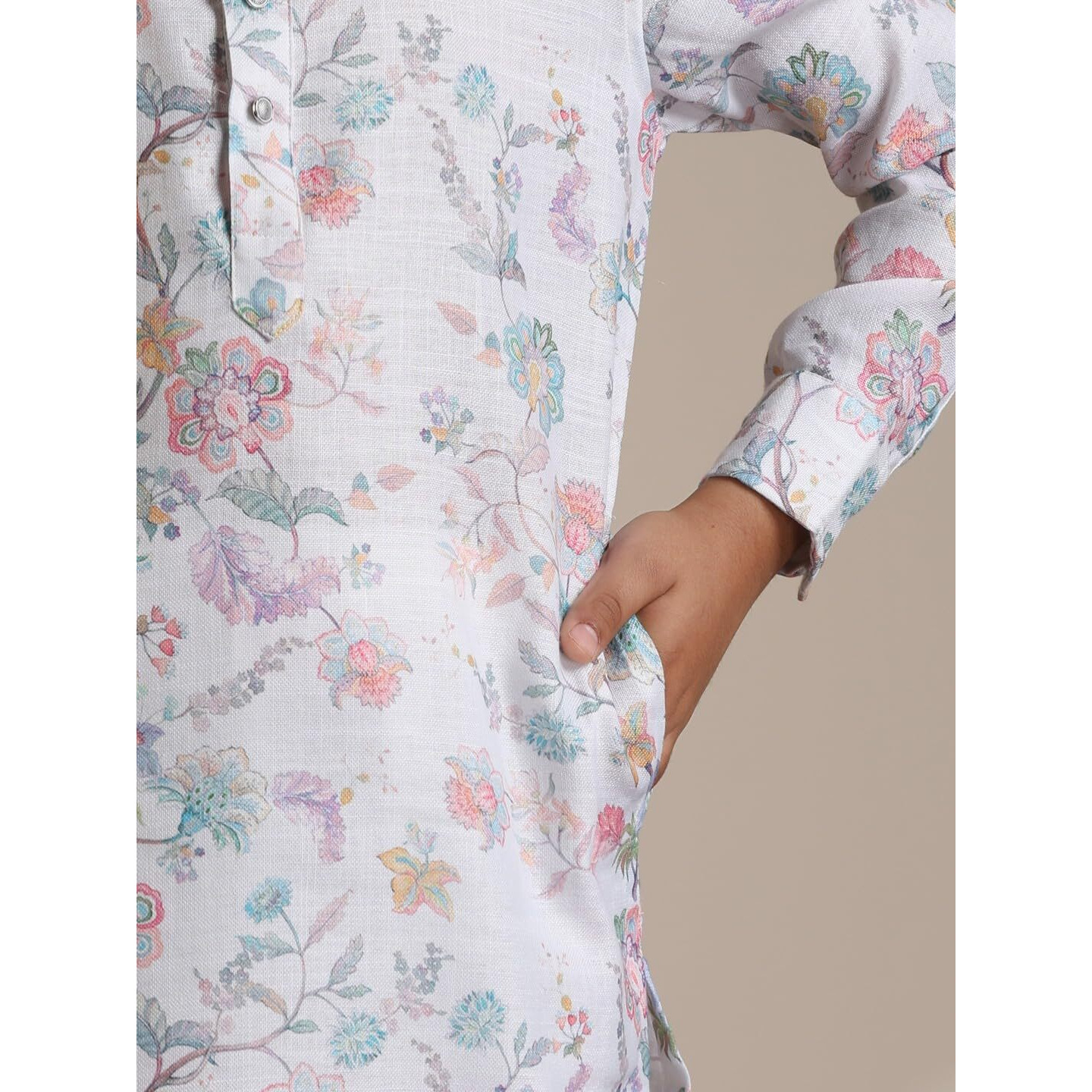 Manyavar Blended Cotton Digital Print Kurta Pyjama Set For Child(12-14 Years)
