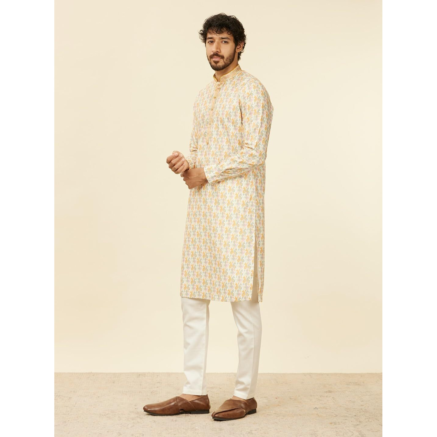 Manyavar Beige Blended Cotton Printed|Embroidery|Zari Kurta Pyjama Set For Men