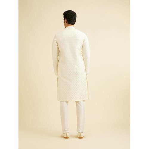 Manyavar Men's Art Silk Embroidered | Sequined Kurta Pyjama Set (Cream,L)