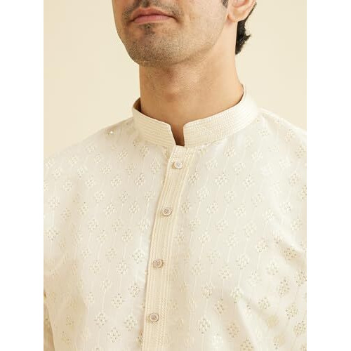 Manyavar Men's Art Silk Embroidered | Sequined Kurta Pyjama Set (Cream,L)