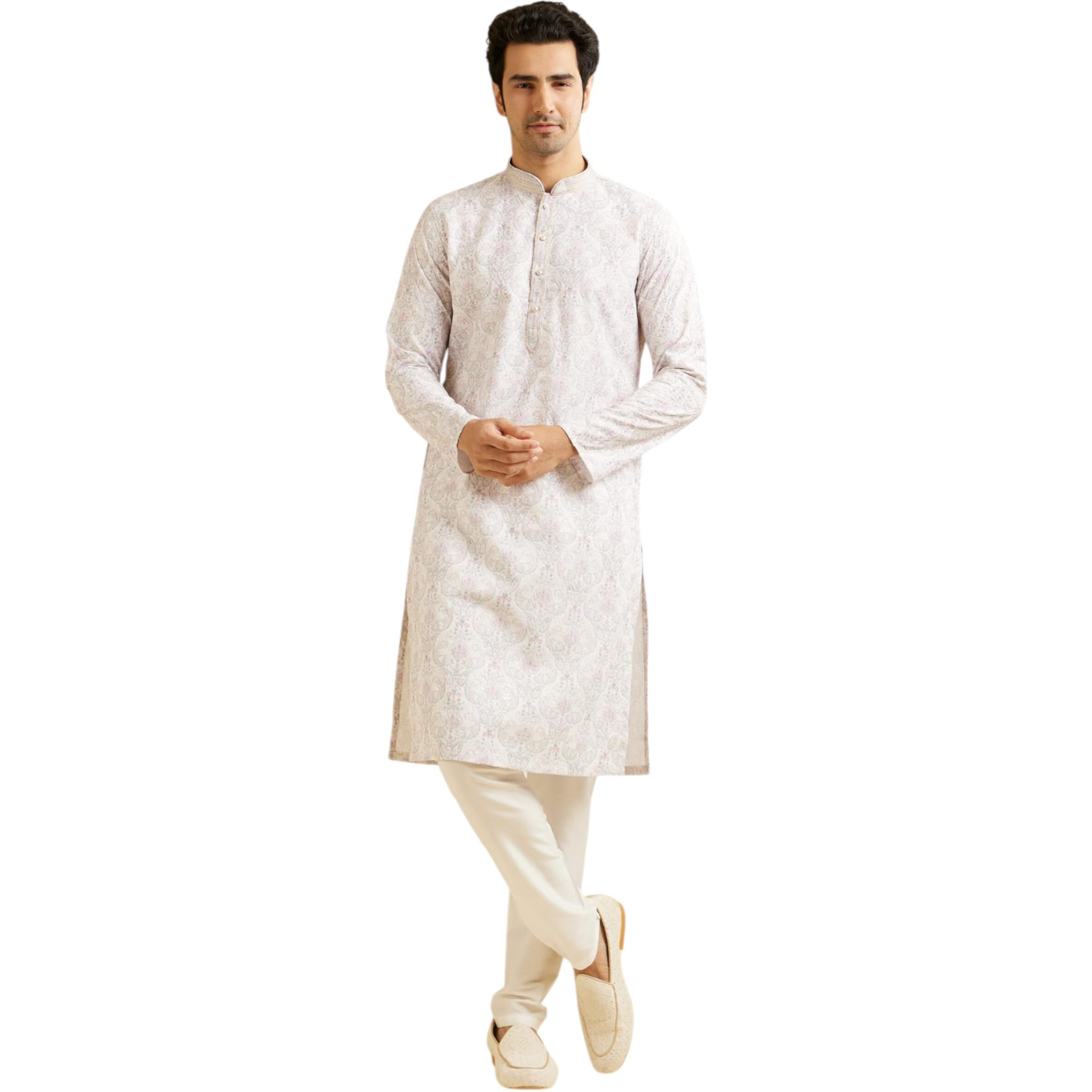 Manyavar Men's Cotton Blend Floral Print & Chikankari Kurta Set (Pink,M)