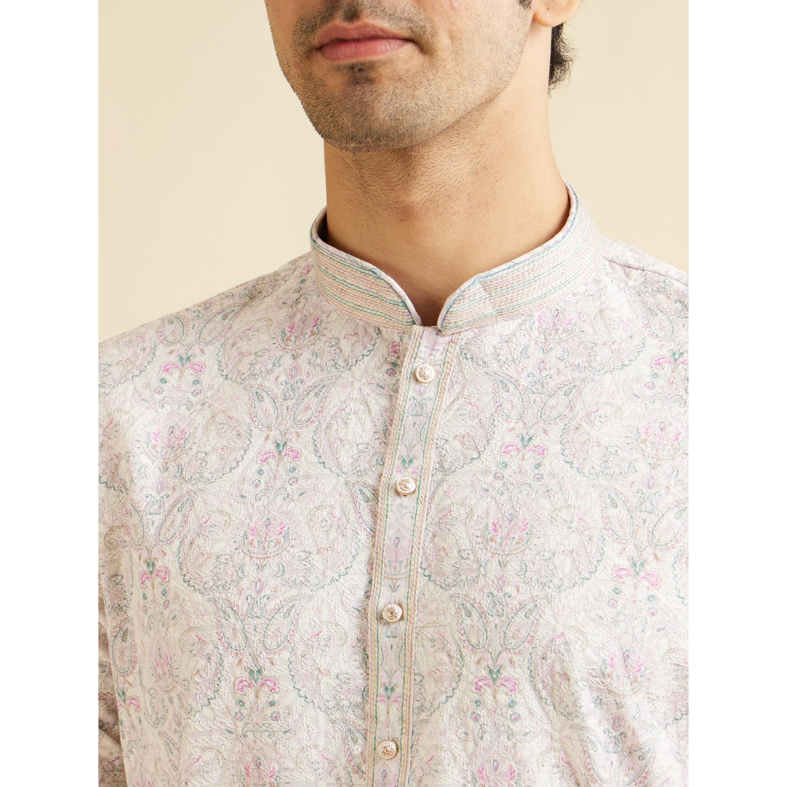 Manyavar Men's Cotton Blend Floral Print & Chikankari Kurta Set (Pink,M)