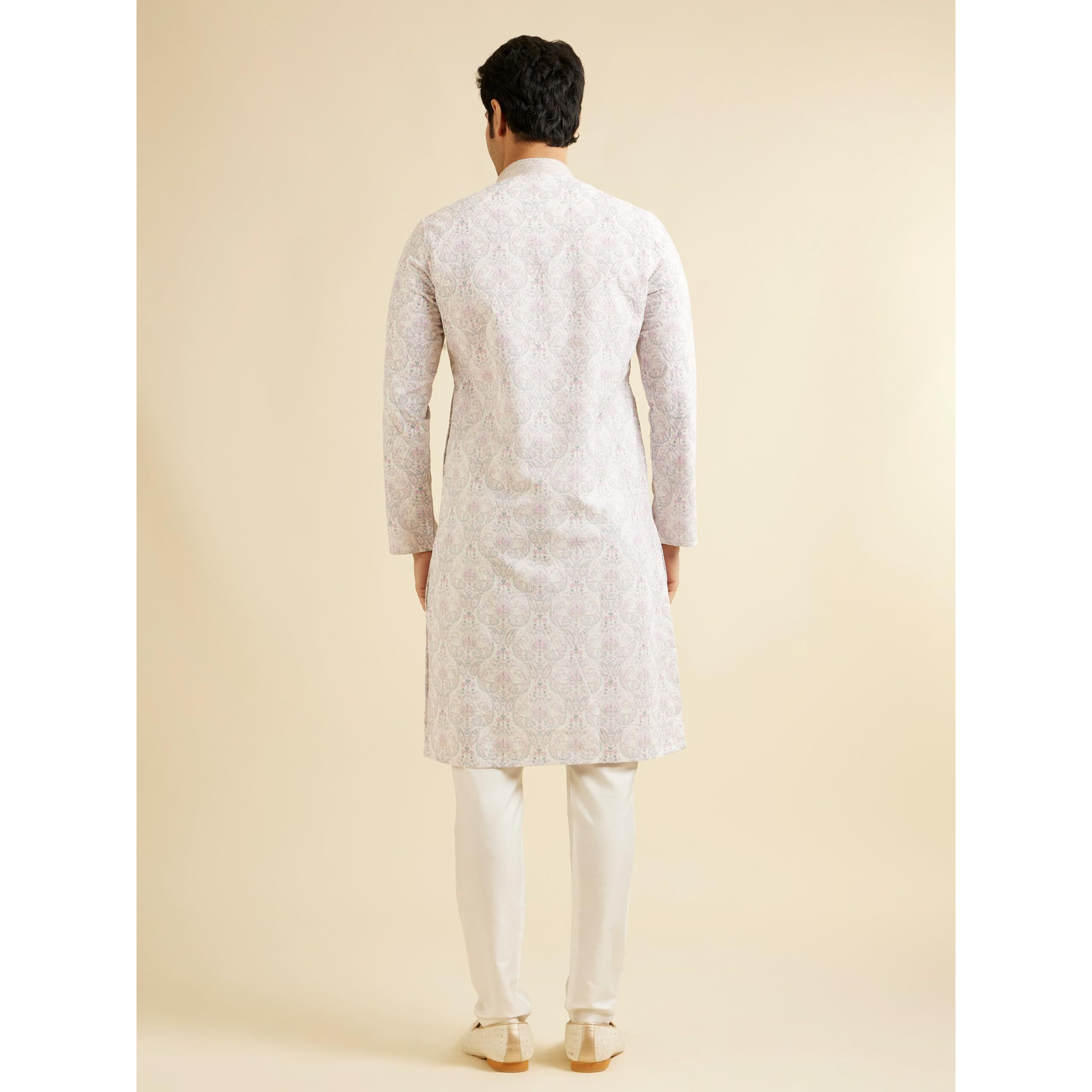 Manyavar Men's Cotton Blend Floral Print & Chikankari Kurta Set (Pink,L)