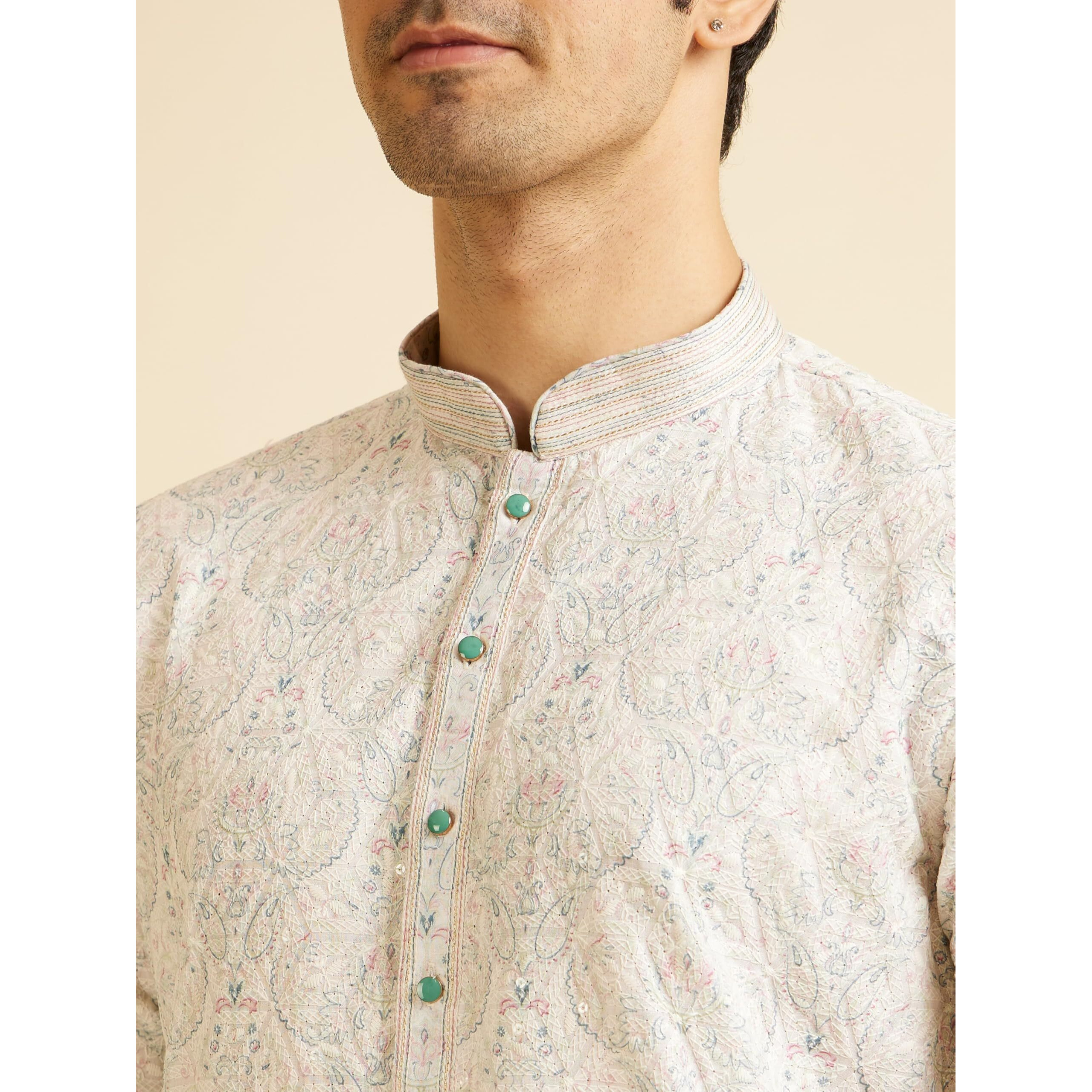 Manyavar Men's Cotton Blend Chikankari Kurta Pyjama Set (Green,S)