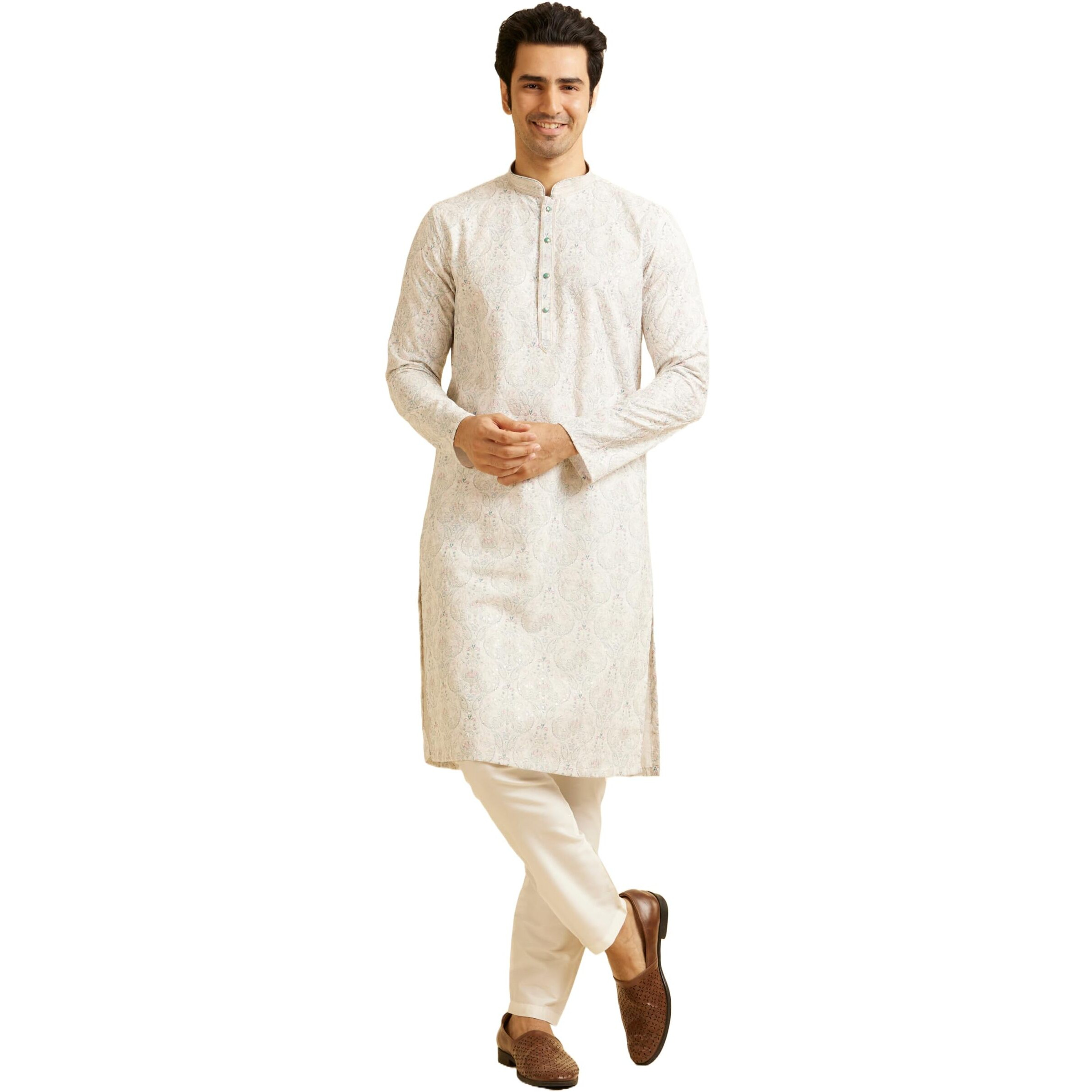 Manyavar Men's Cotton Blend Chikankari Kurta Pyjama Set (Green,L)