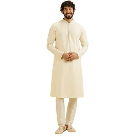 Manyavar Men's Viscose Blend Embroidered & Embellished Kurta Set (Cream,L)
