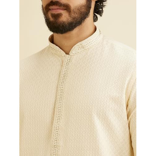 Manyavar Men's Viscose Blend Embroidered & Embellished Kurta Set (Cream,L)