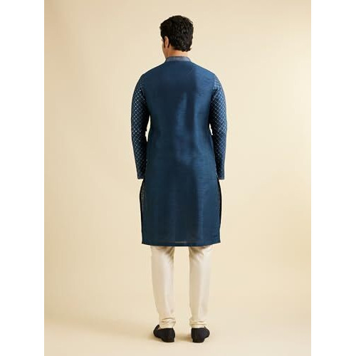 Manyavar Men's Art Silk Lattice Patterned Kurta Set (Dark Blue,L)