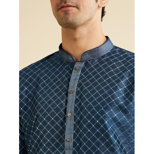 Manyavar Men's Art Silk Lattice Patterned Kurta Set (Dark Blue,L)