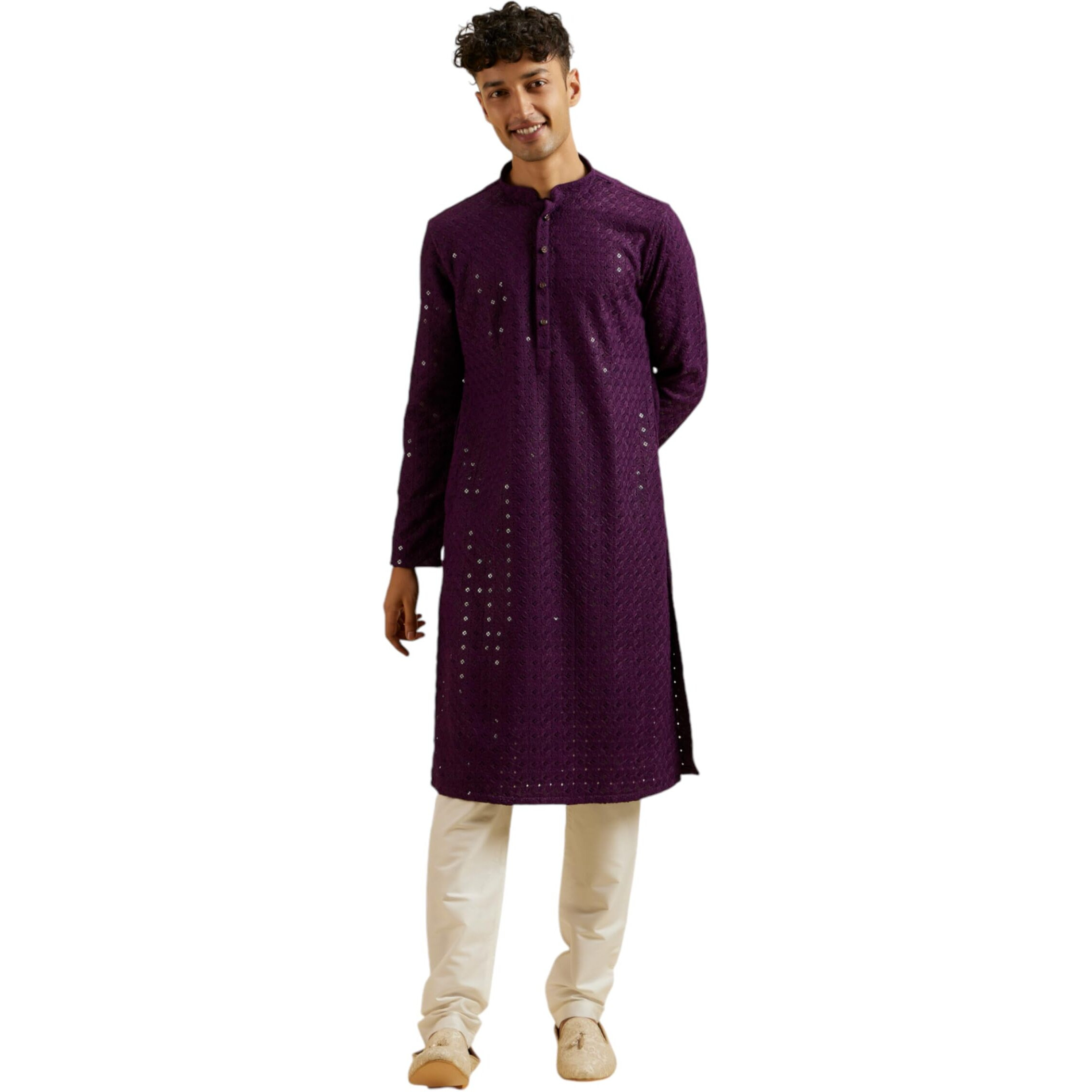 Manyavar Men's Viscose Chikankari Sequins Kurta Pyjama Set (Purple,L)
