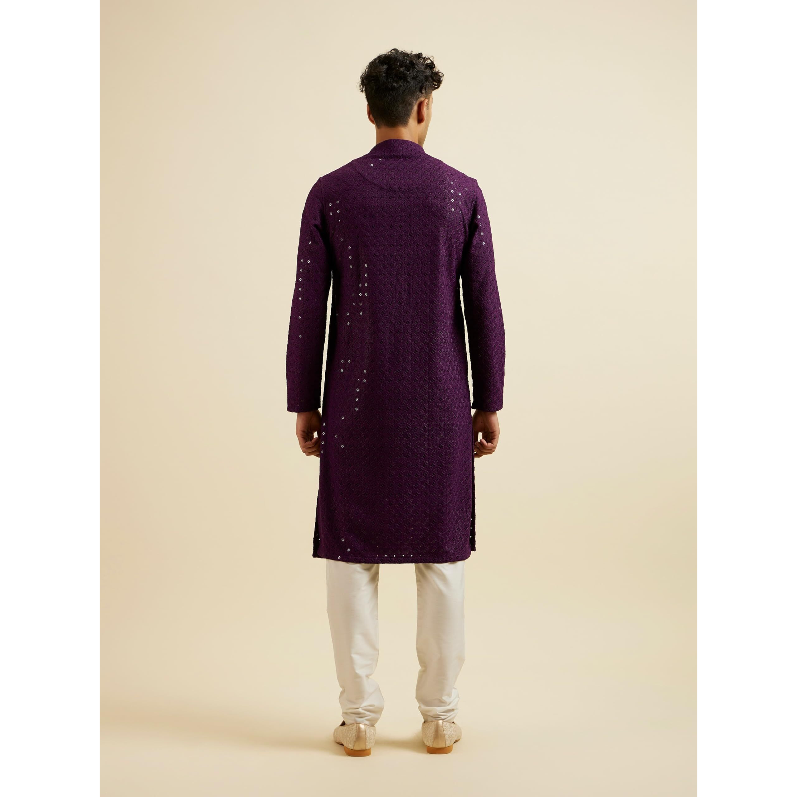 Manyavar Men's Viscose Chikankari Sequins Kurta Pyjama Set (Purple,L)