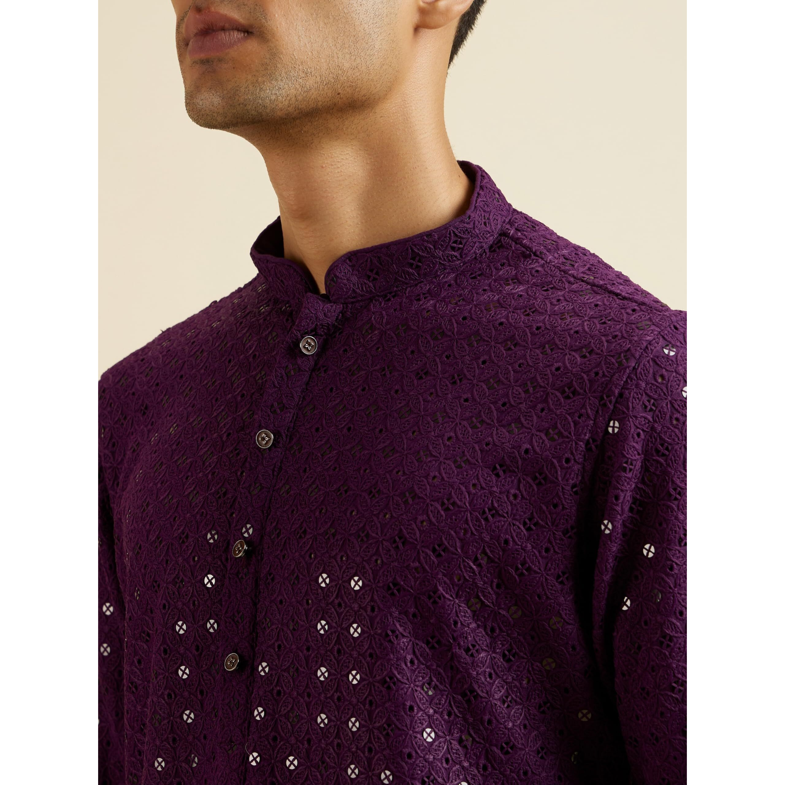 Manyavar Men's Viscose Chikankari Sequins Kurta Pyjama Set (Purple,L)
