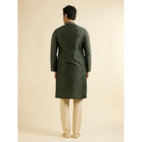 Manyavar Men's Art Silk Lattice Patterned Kurta Set (Dark Green,Xl)