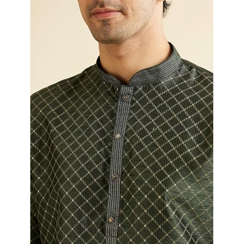 Manyavar Men's Art Silk Lattice Patterned Kurta Set (Dark Green,Xl)