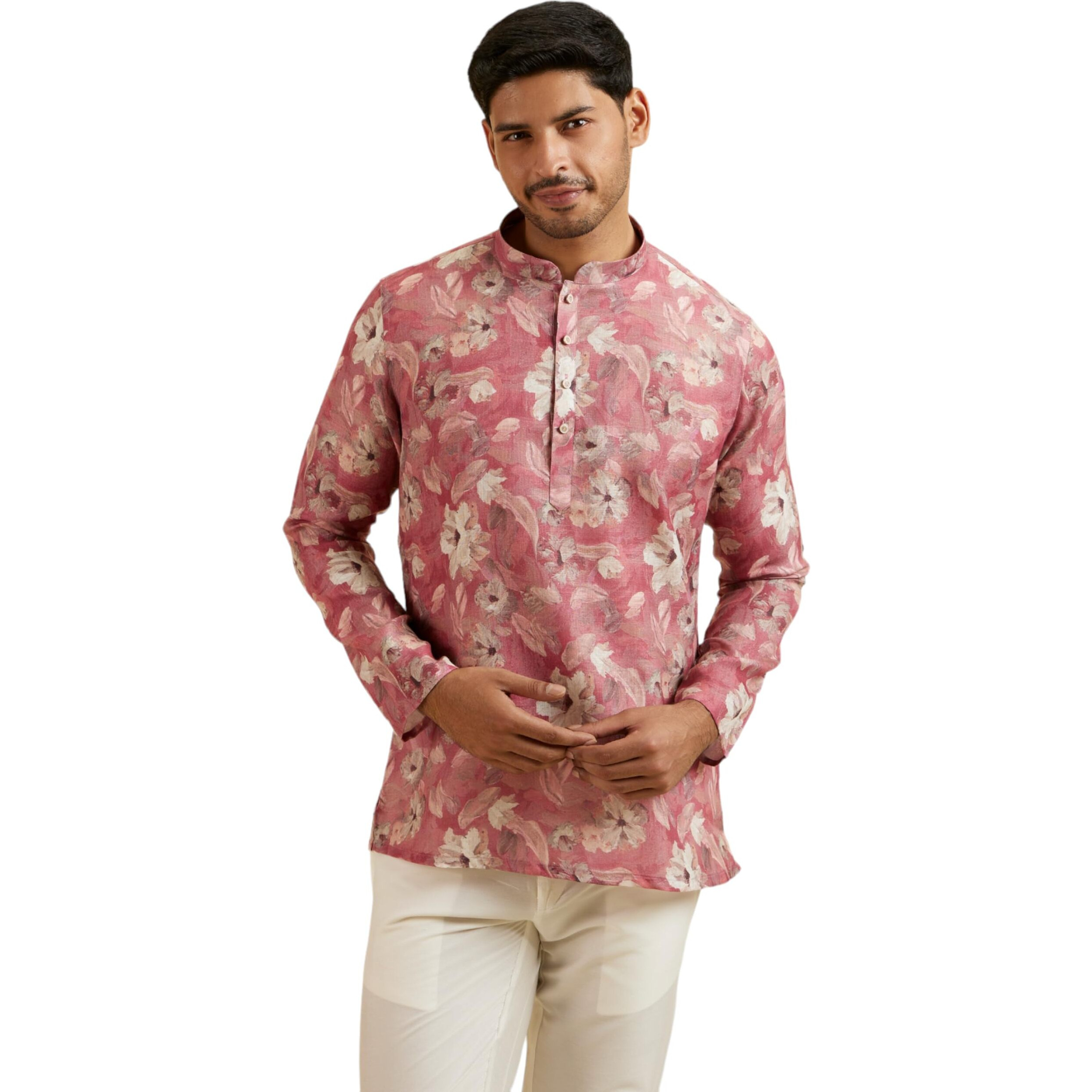 Manyavar Men's Viscose Blend Floral Print Short Kurta (Coral,Xl)