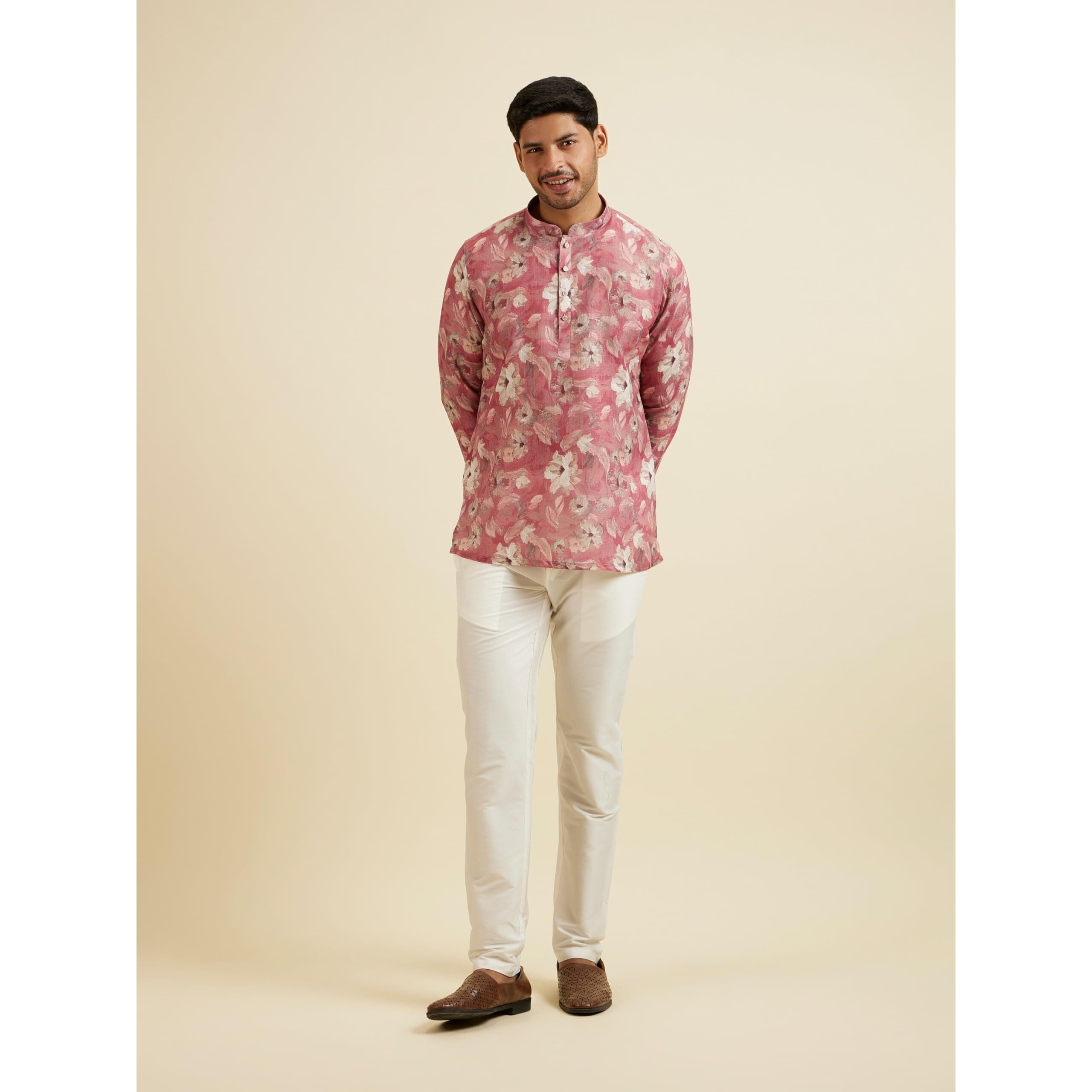 Manyavar Men's Viscose Blend Floral Print Short Kurta (Coral,Xl)