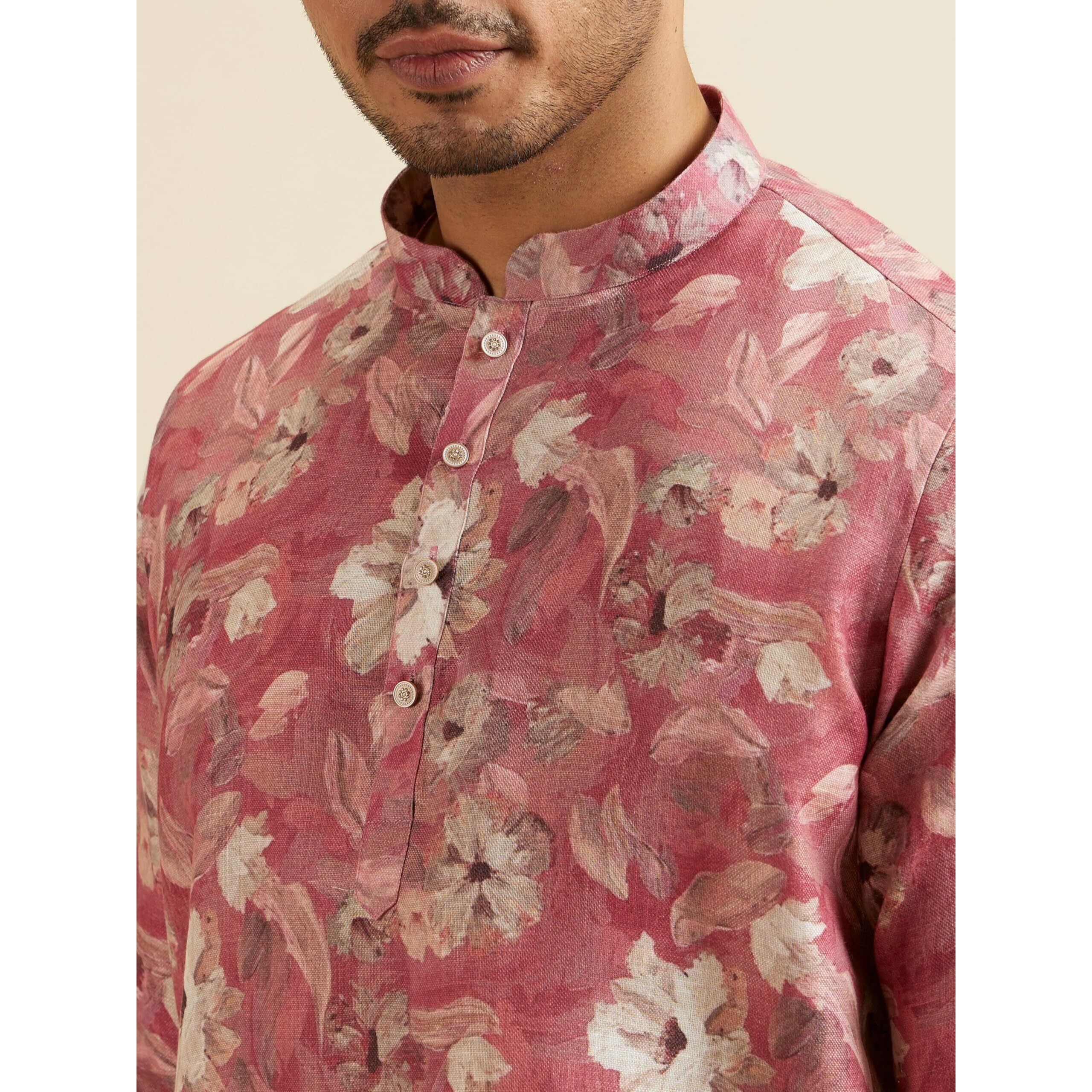 Manyavar Men's Viscose Blend Floral Print Short Kurta (Coral,Xl)