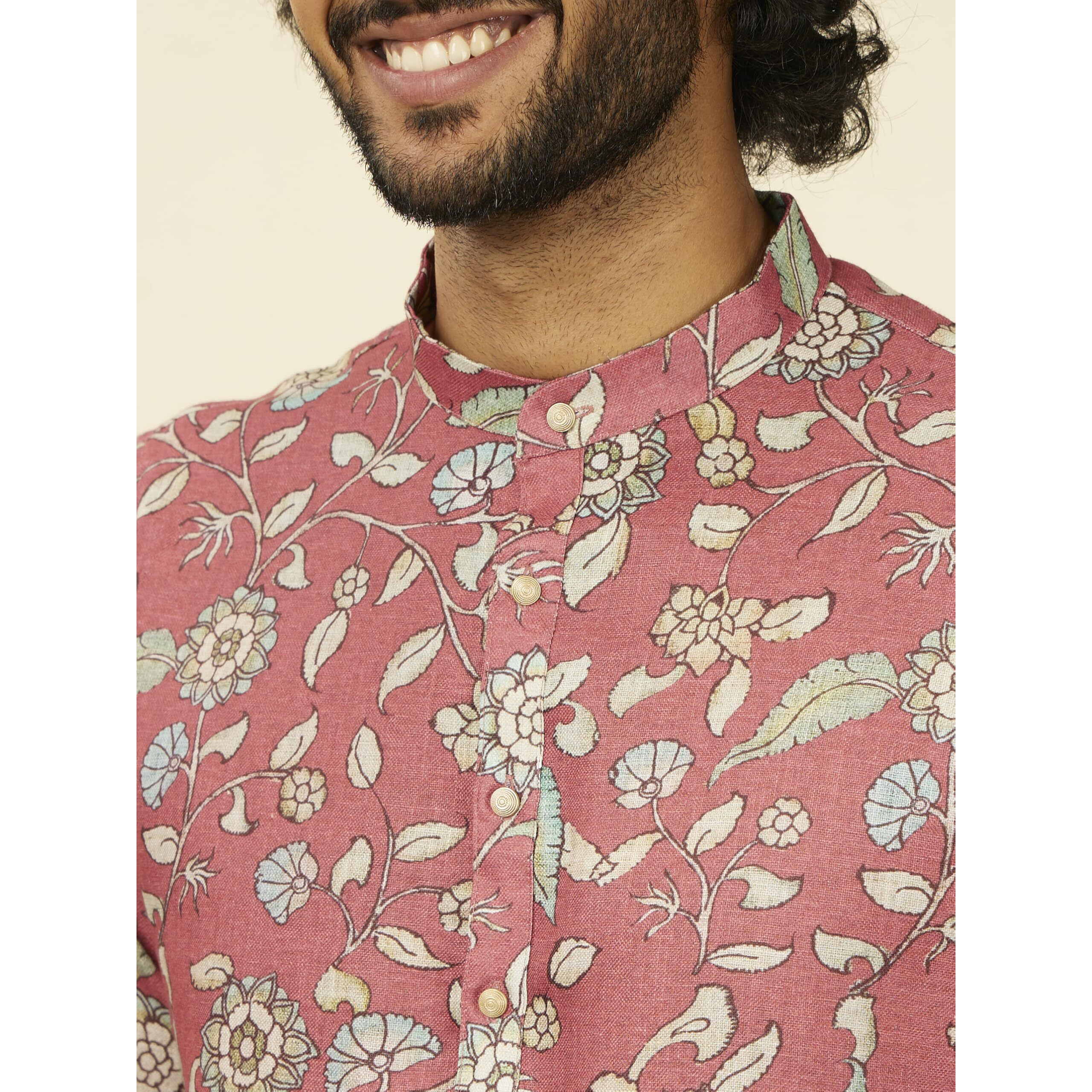Manyavar Men's Rust Red Bel Buti Patterned Kurta (Xxl)