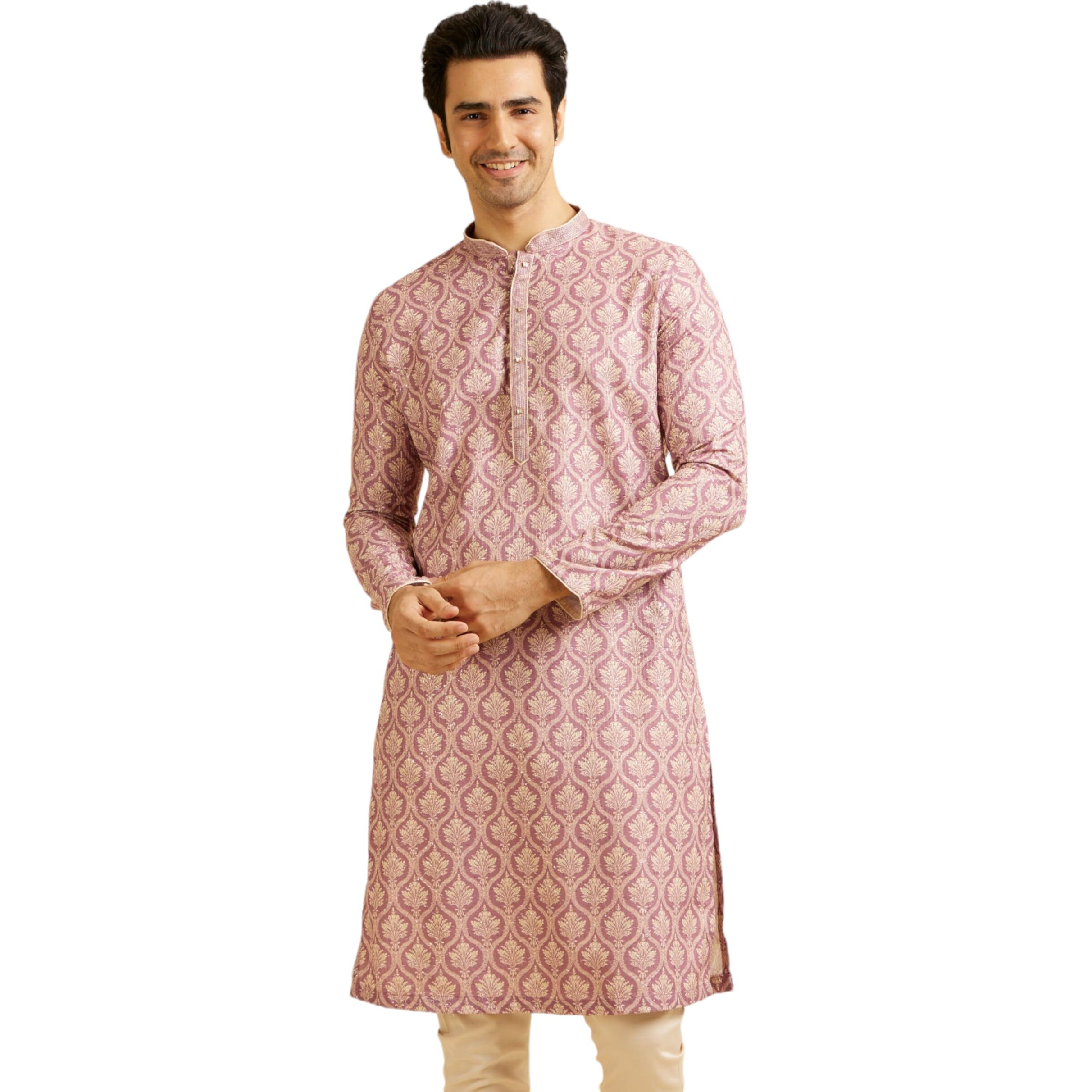 Manyavar Men's Cotton Blend Printed|Embroidered Kurta Pyjama Set (Pink,M)
