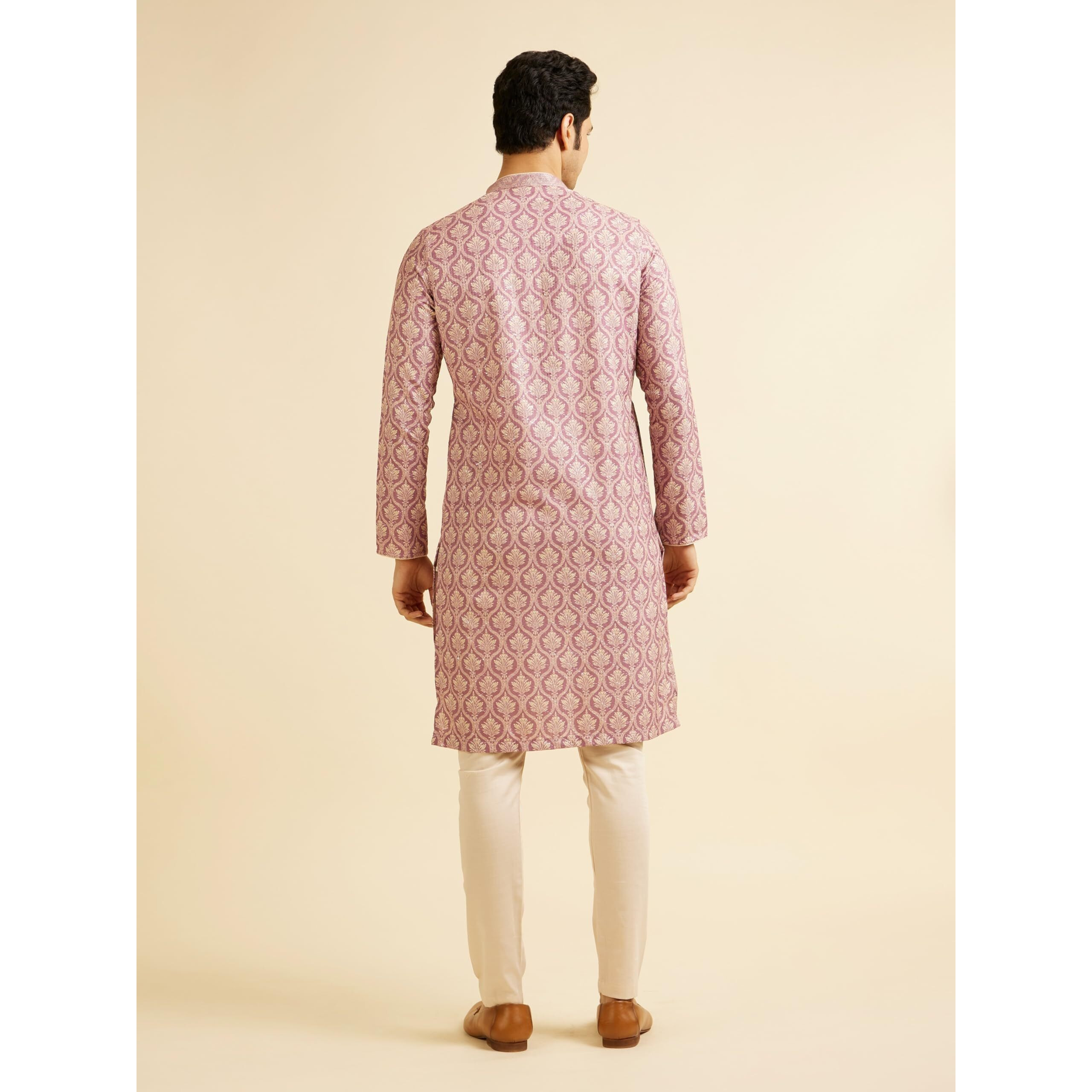 Manyavar Men's Cotton Blend Printed|Embroidered Kurta Pyjama Set (Pink,L)