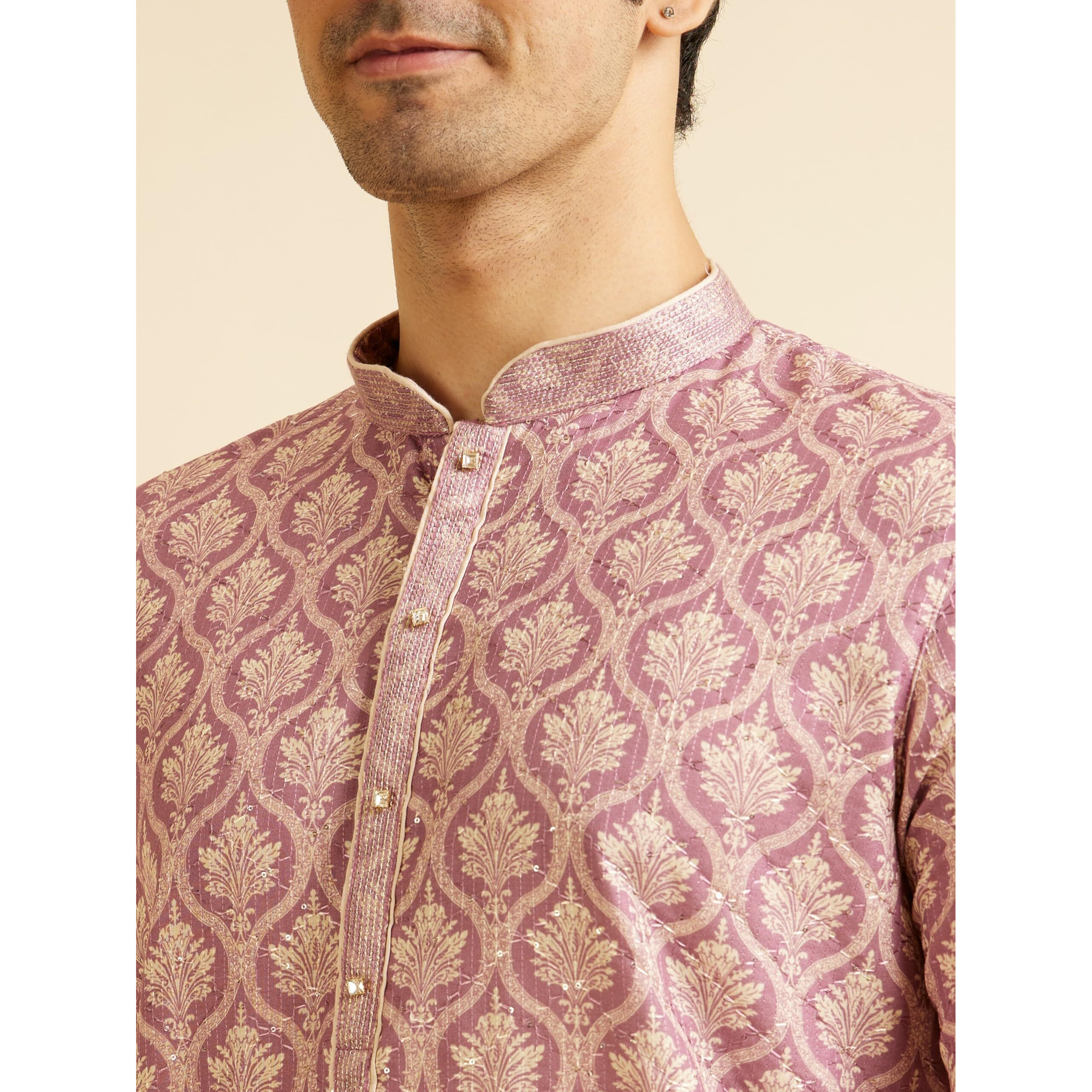 Manyavar Men's Cotton Blend Printed|Embroidered Kurta Pyjama Set (Pink,L)
