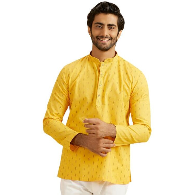 Manyavar Men's Cotton Jacquard| Thread Work Short Kurta (Mustard,M)