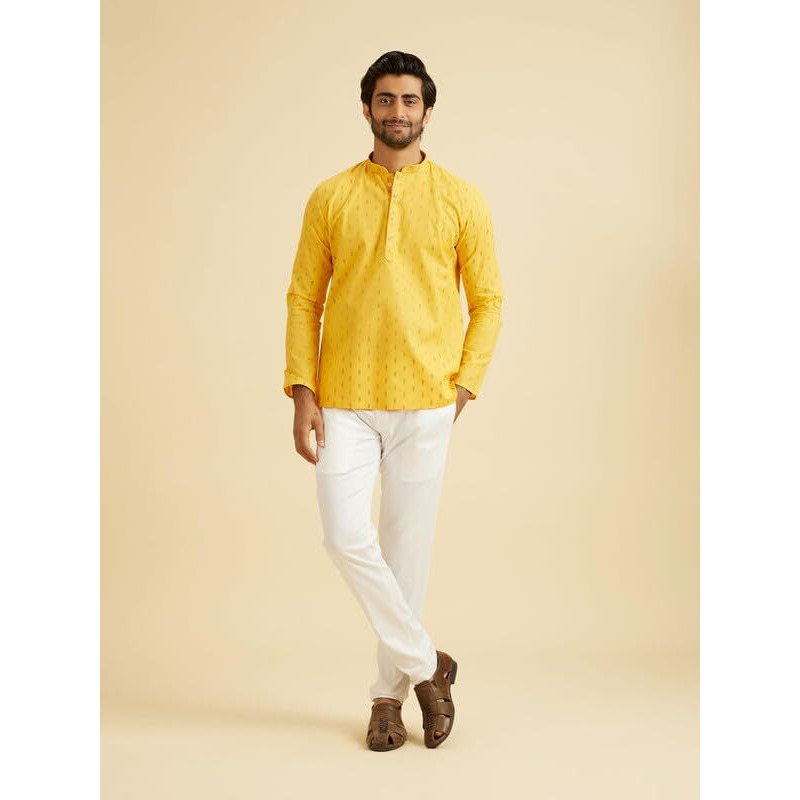 Manyavar Men's Cotton Jacquard| Thread Work Short Kurta (Mustard,M)