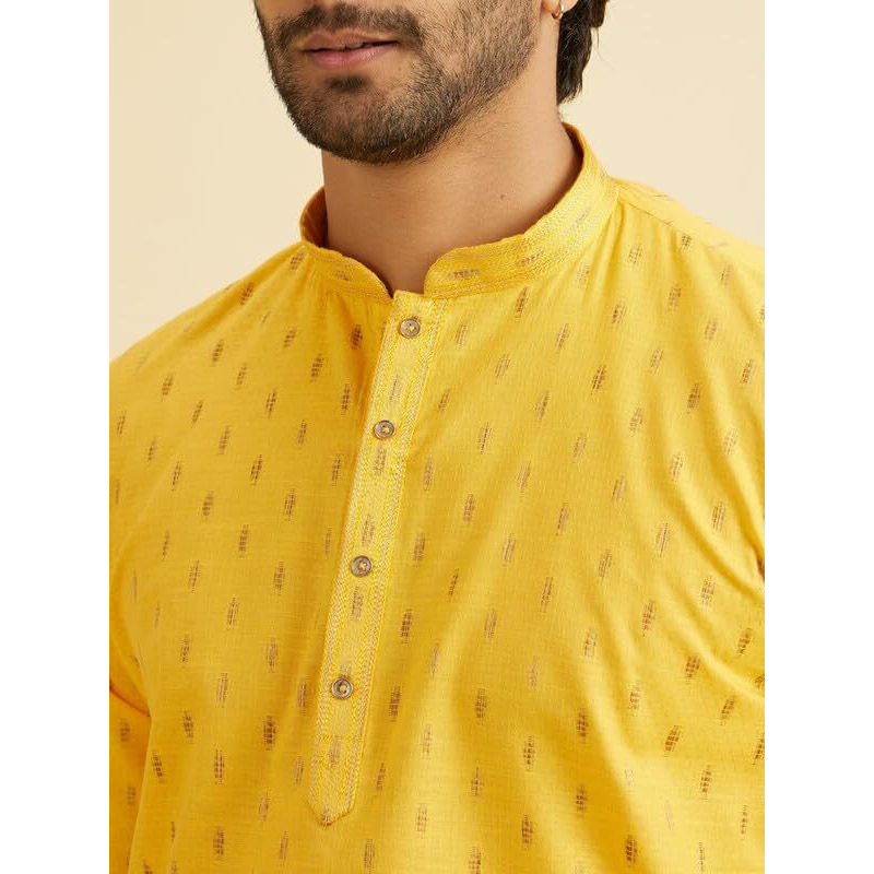 Manyavar Men's Cotton Jacquard| Thread Work Short Kurta (Mustard,M)
