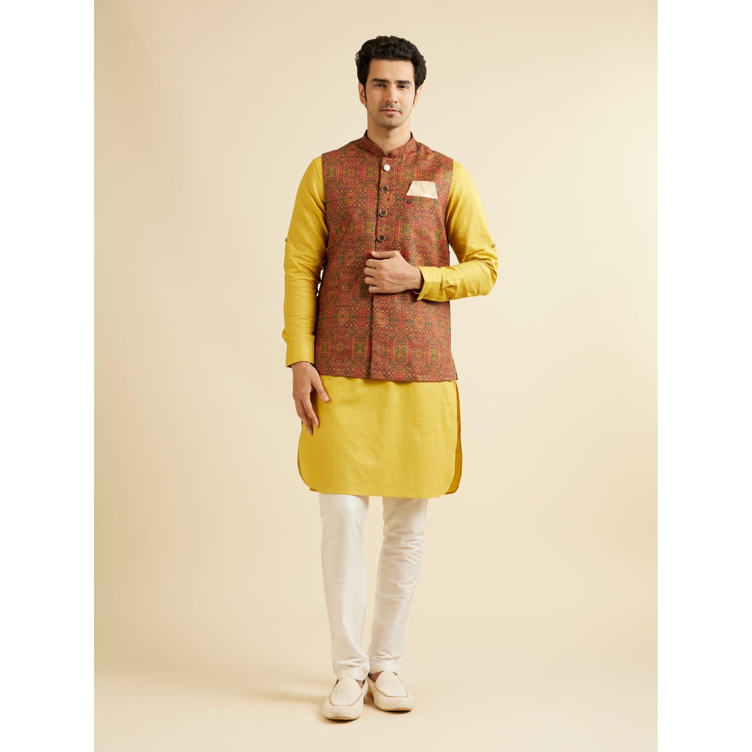 Manyavar Men's Viscose Blend Aztec Print Jacket (Rust,L)