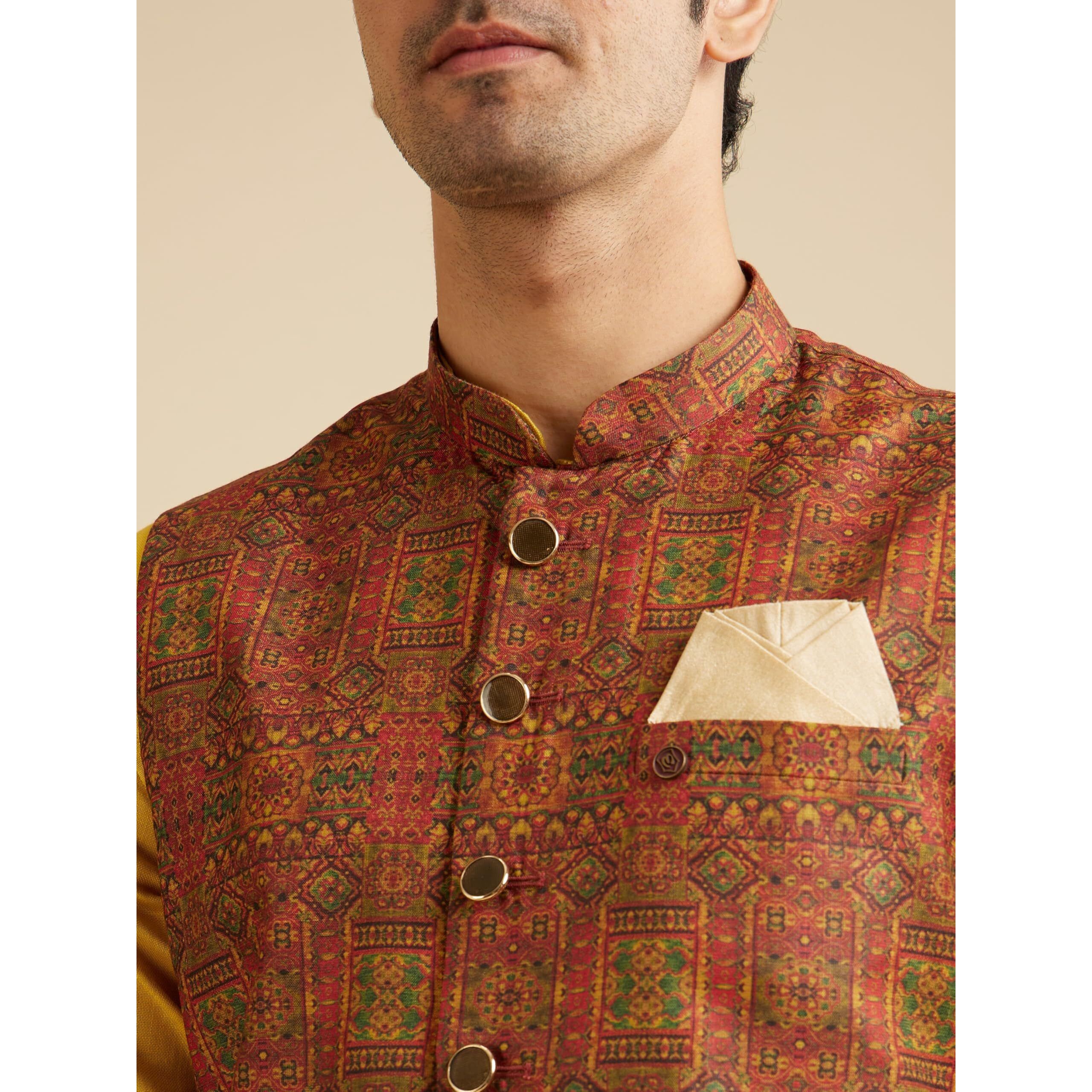 Manyavar Men's Viscose Blend Aztec Print Jacket (Rust,L)