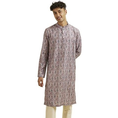 Manyavar Men's Cotton Blend Digital Print Long Kurta (Peach,Xl)