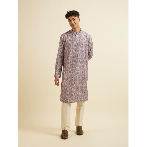 Manyavar Men's Cotton Blend Digital Print Long Kurta (Peach,Xl)
