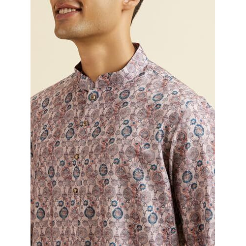 Manyavar Men's Cotton Blend Digital Print Long Kurta (Peach,Xl)