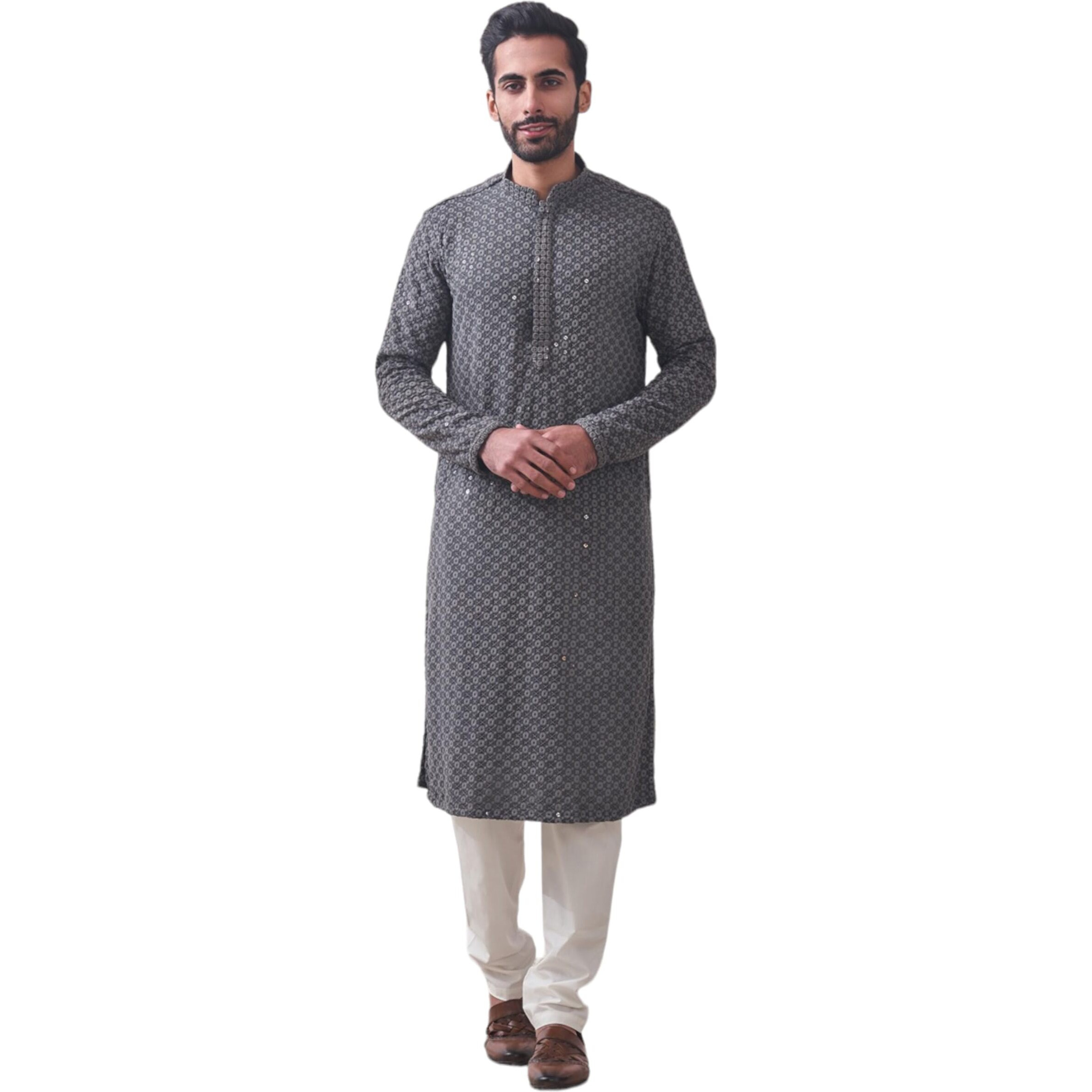 Manyavar Mens Grey Viscose Embroidered Kurtas