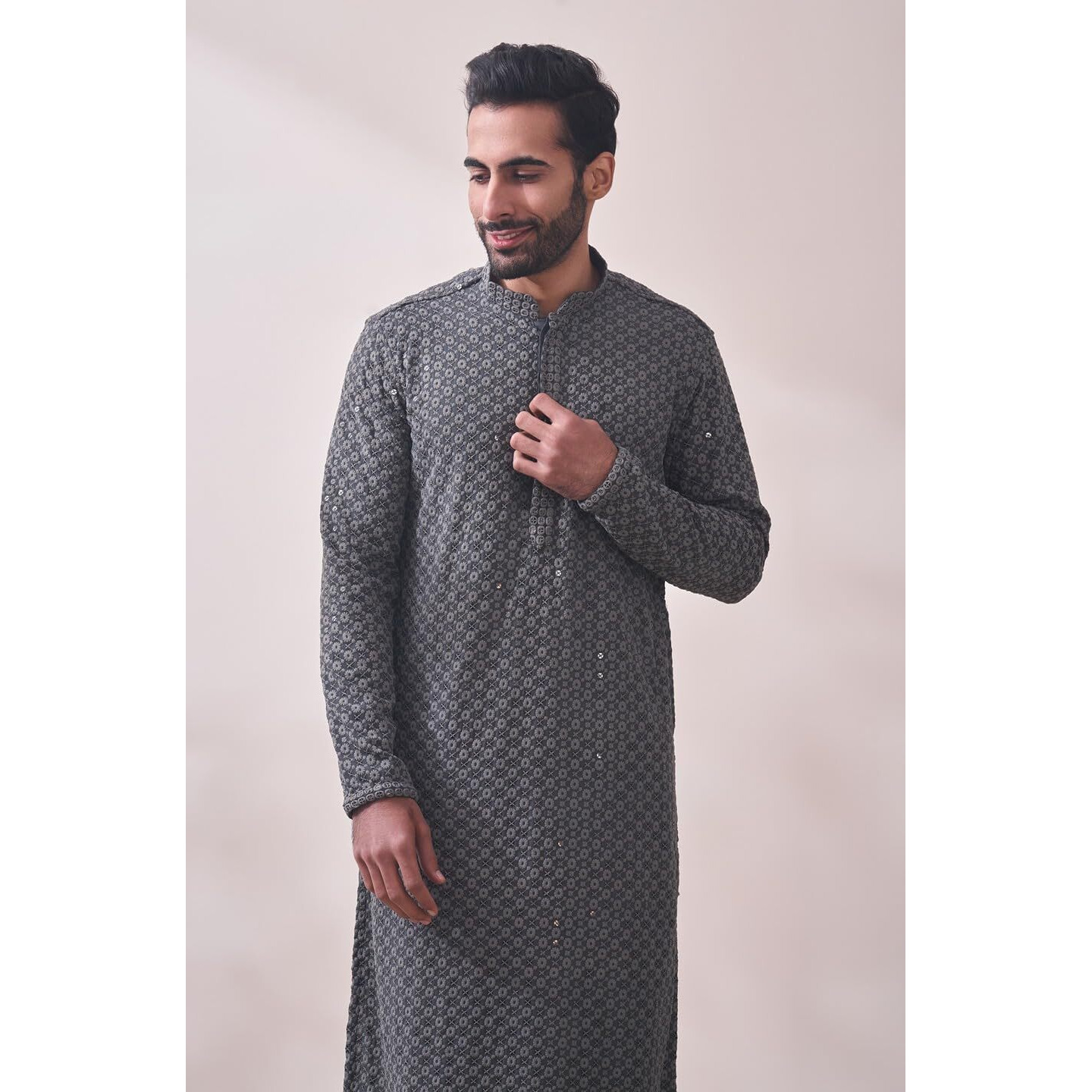 Manyavar Mens Grey Viscose Embroidered Kurtas